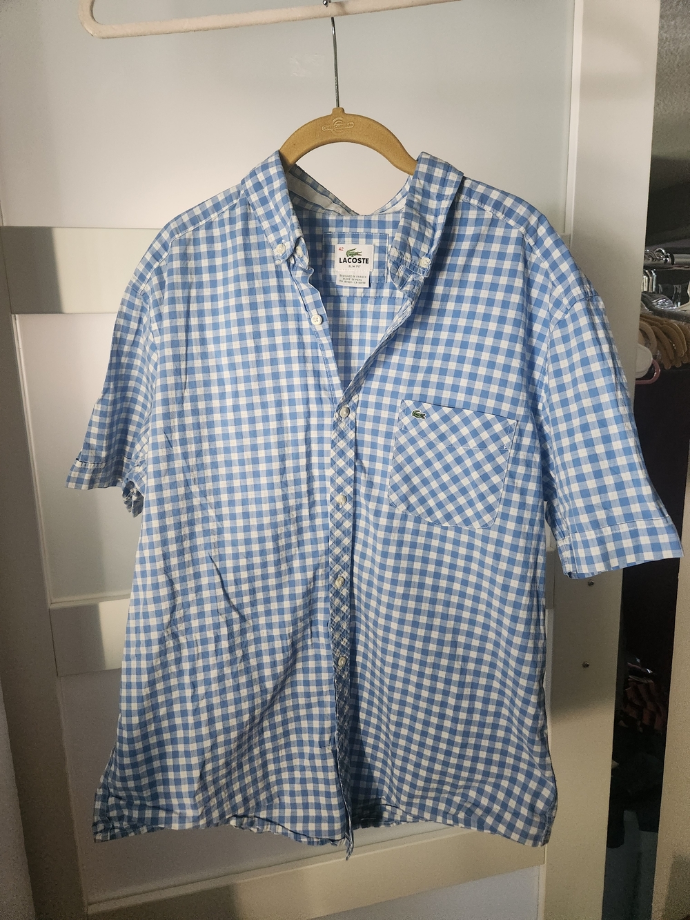 Lacoste Men’s Blue and White Gingham Short-Sleeve Button-Down Shirt